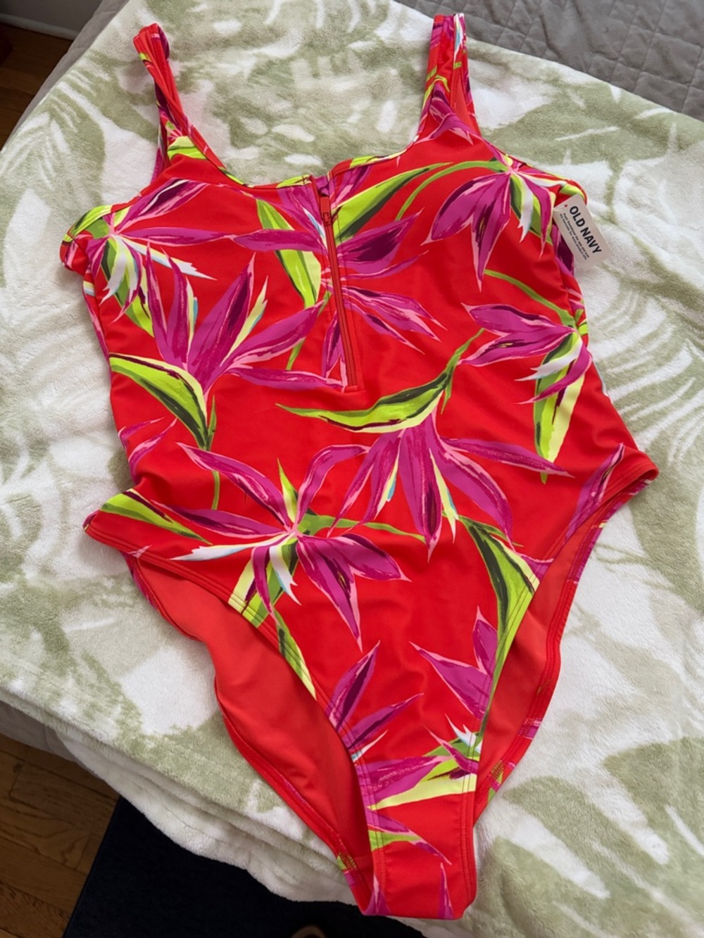 Old Navy Red Tropical Floral Girls' One-Piece Swimsuit with Front Zip